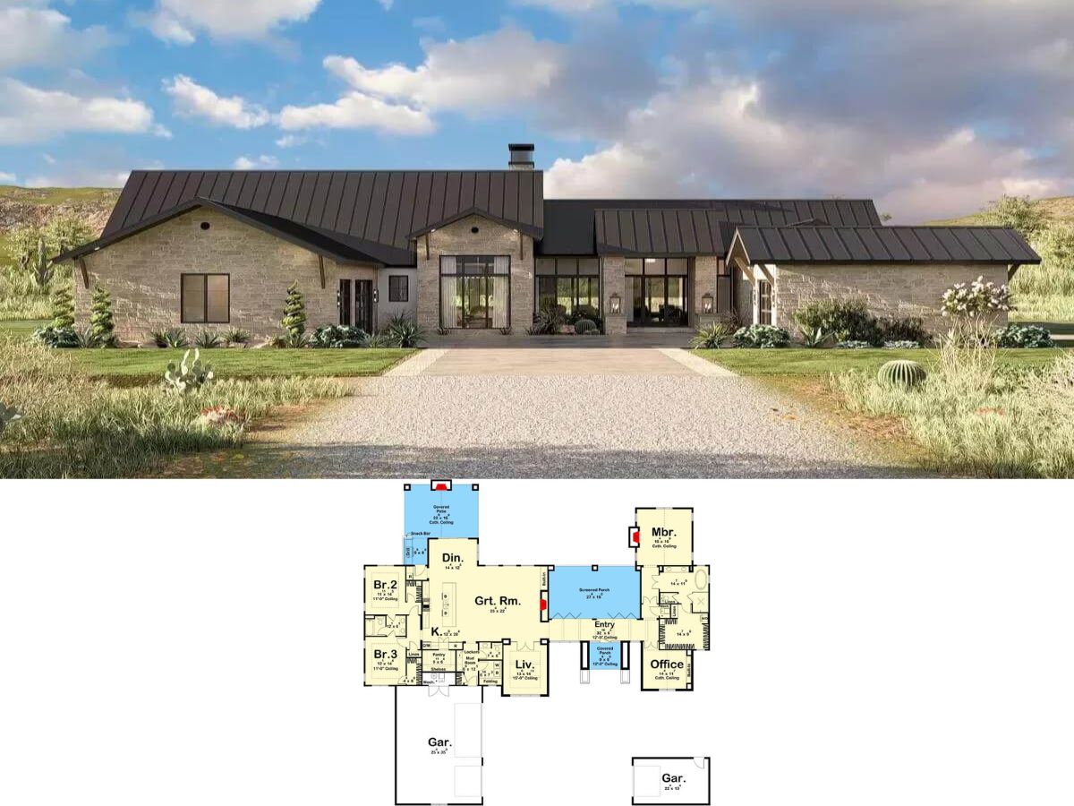 Single-Story 3-Bedroom Texas Hill Country Home for a Wide Lot with Multiple Garages (Floor Plan)