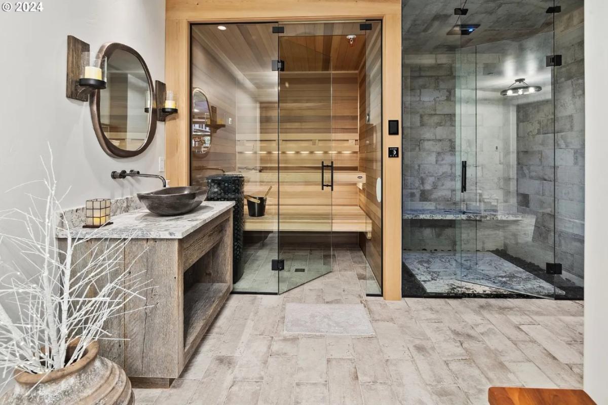Bathroom with a sauna and a walk-in shower.