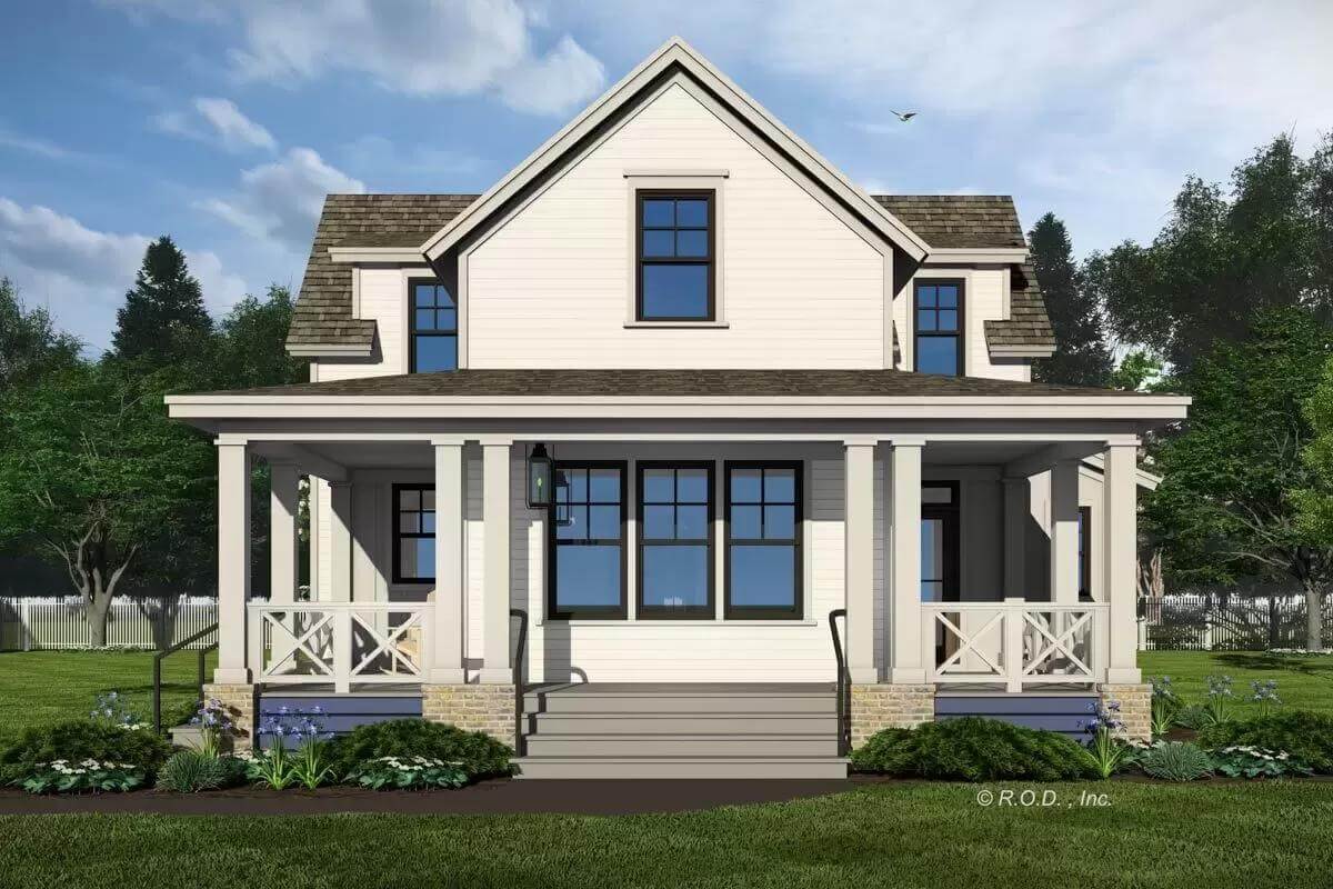 Front view with a wraparound porch topped by a center gable.