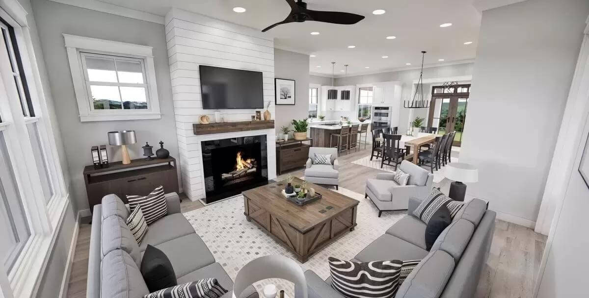The great room opens completely to the dining area and kitchen.