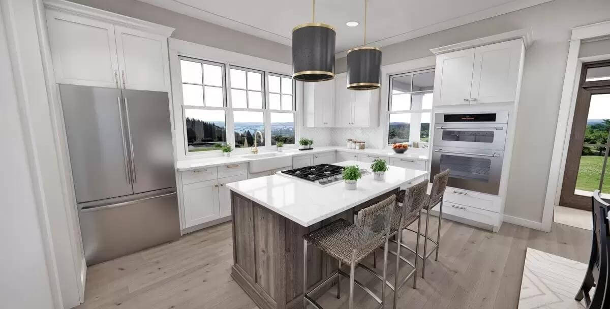 Kitchen with white cabinets, stainless steel appliances, and a cooktop island.