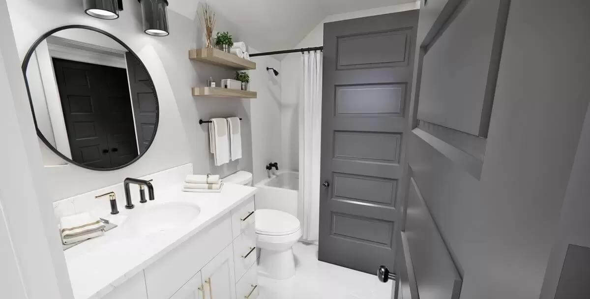 Bathroom with a sink vanity and a tub and shower combo.