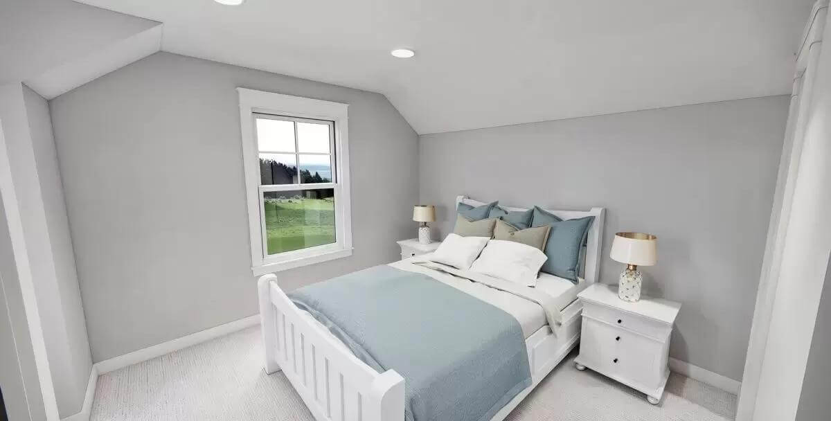 Bedroom with a coved ceiling and white furnishings.