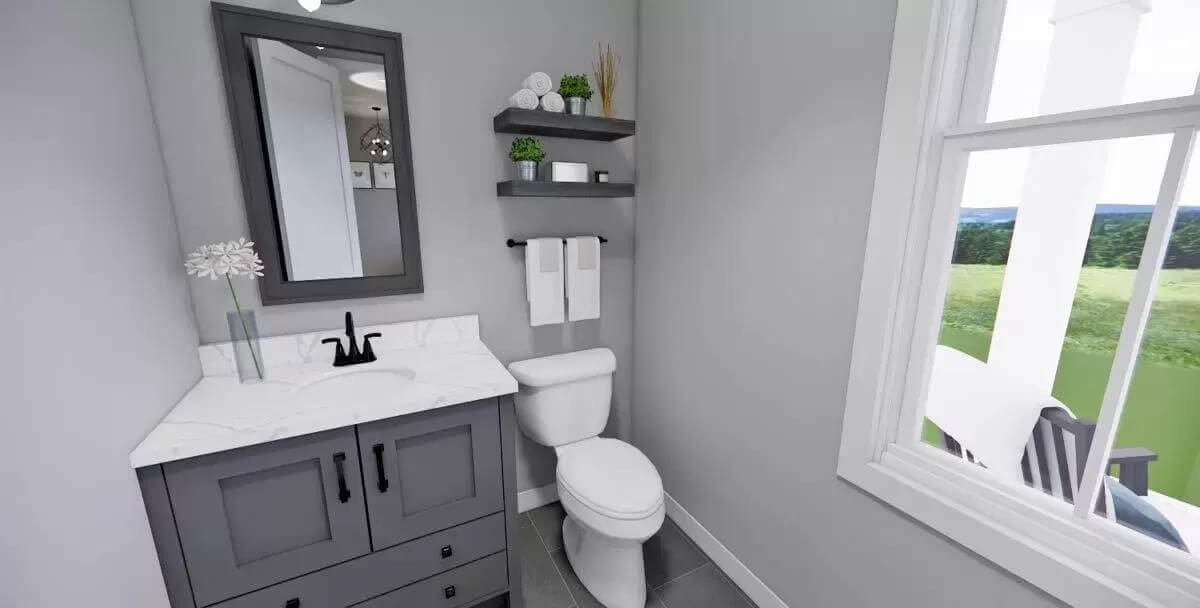 Powder room with a gray vanity, floating shelves, and white-framed windows.