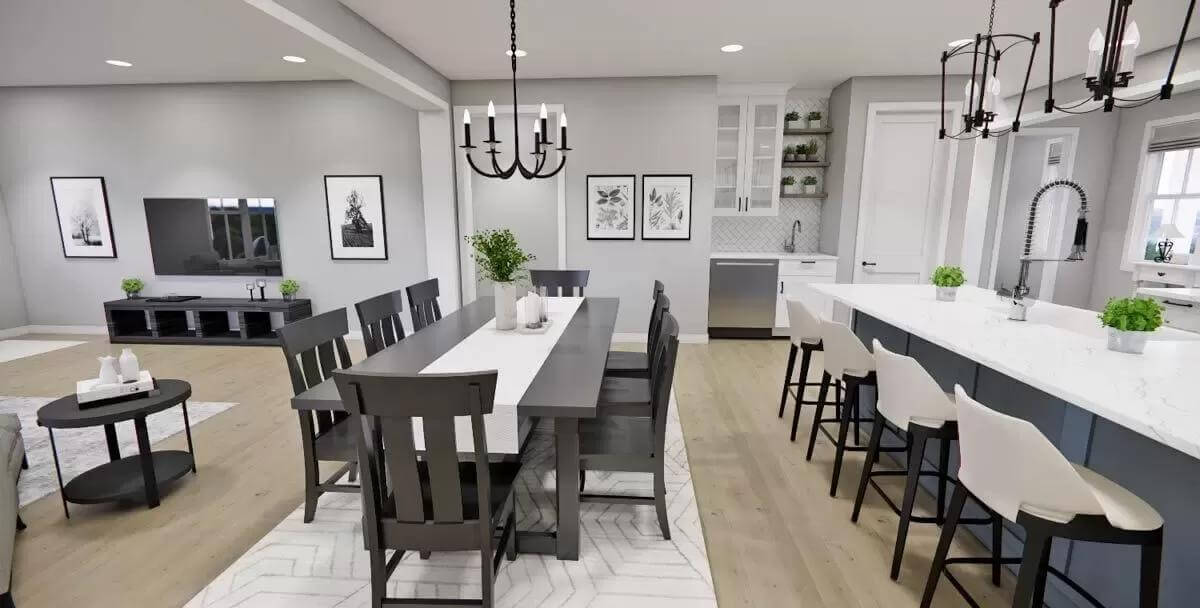 Dining area with a dark wood dining set illuminated by a candle chandelier.