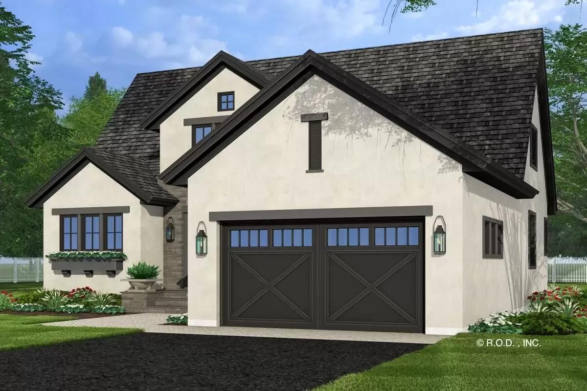 Front view with gable rooflines, a double garage, and a covered entry.