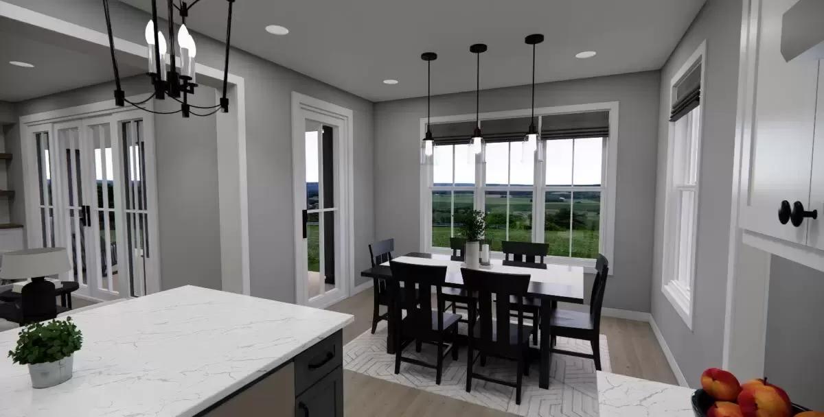 Dining area with a dark wood dining set topped by wrought iron pendants.
