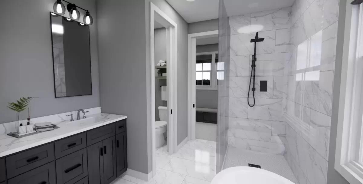 Primary bathroom with a black vanity, a water closet, and a tiled shower.