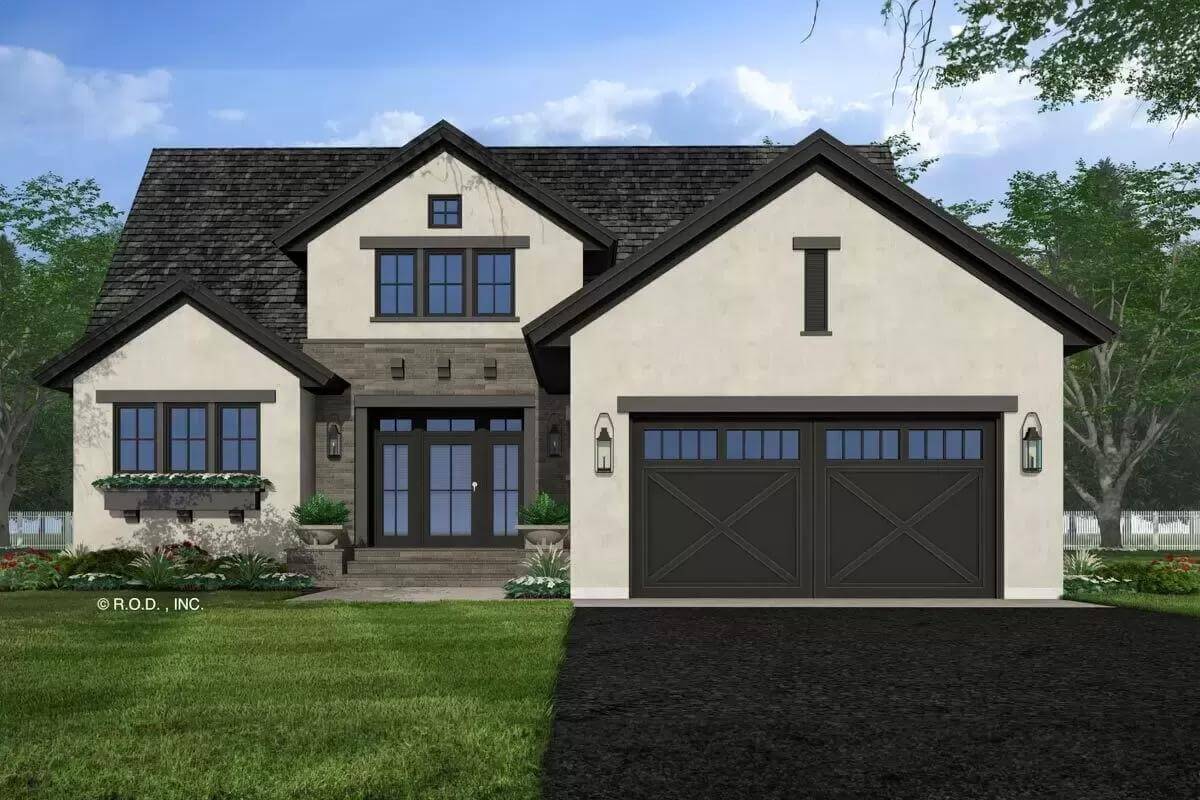 Front view with a sleek entry and a double garage.