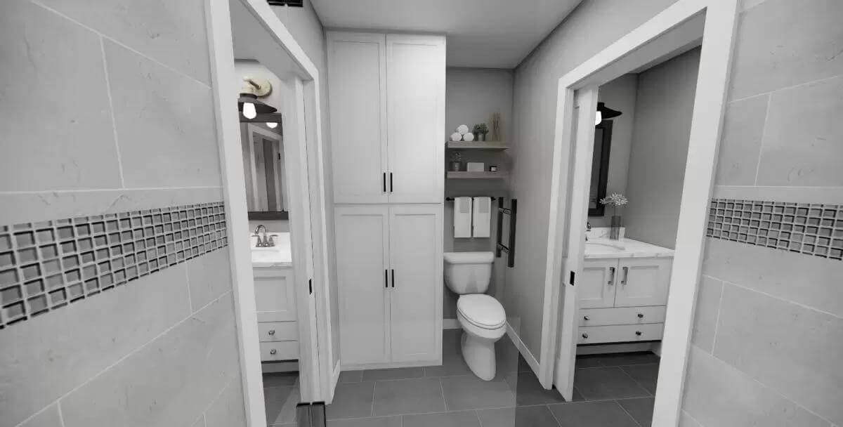 Jack and Jill bath with two vanities, a linen closet, and a toilet topped by floating shelves.