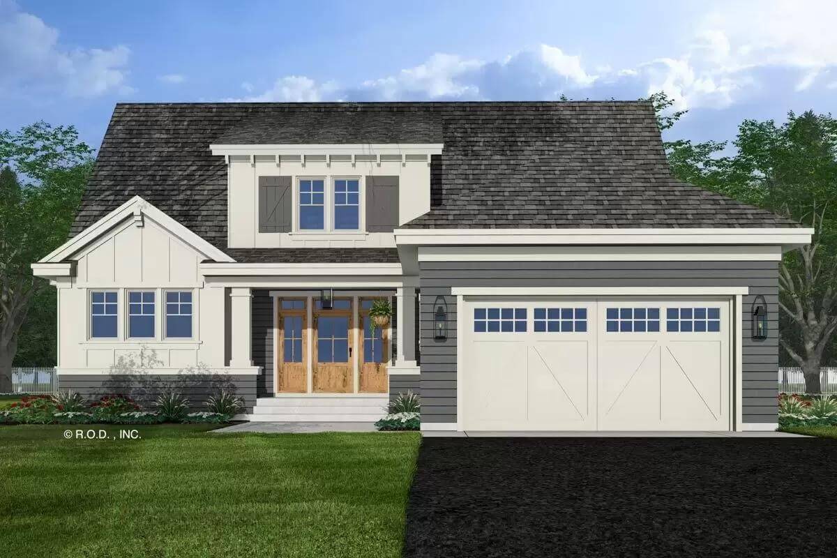 Front view with a covered entry porch and a double garage.