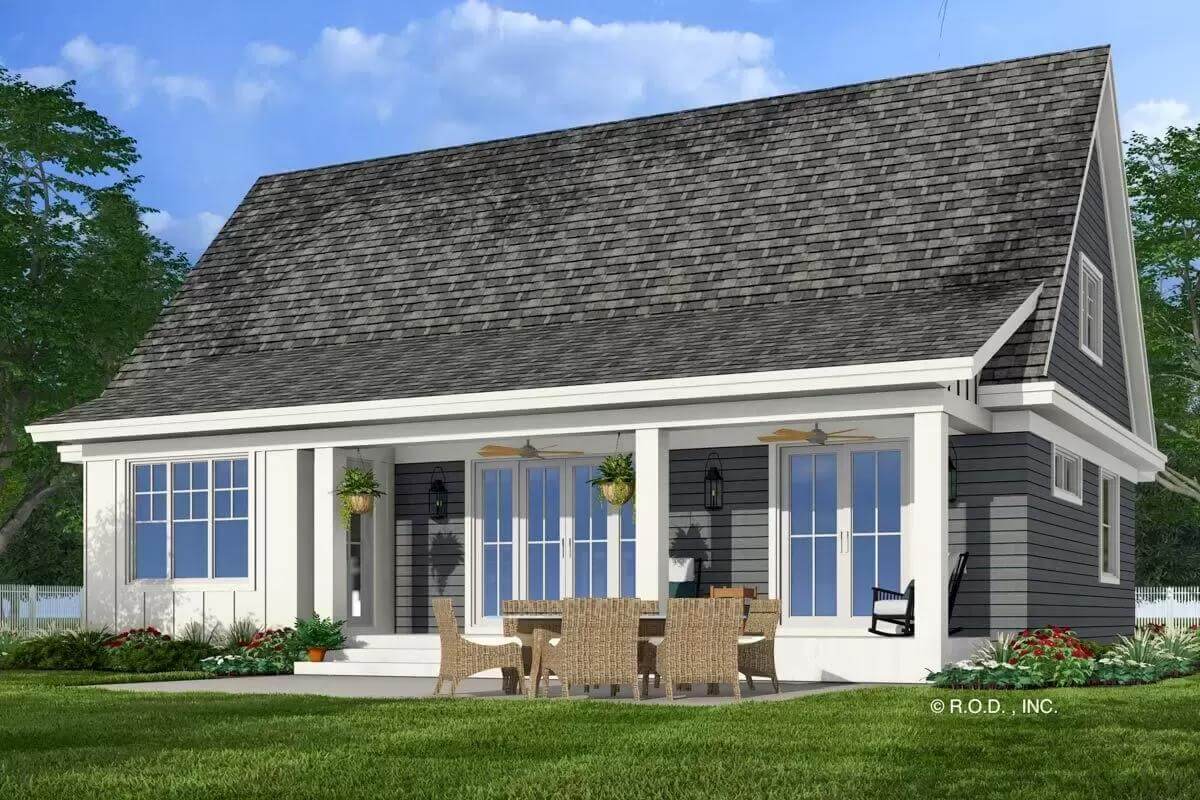 Rear view with a covered porch and an open patio.