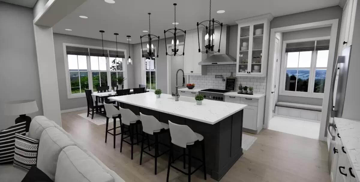 Kitchen with white cabinets and a prep island with seating for four.