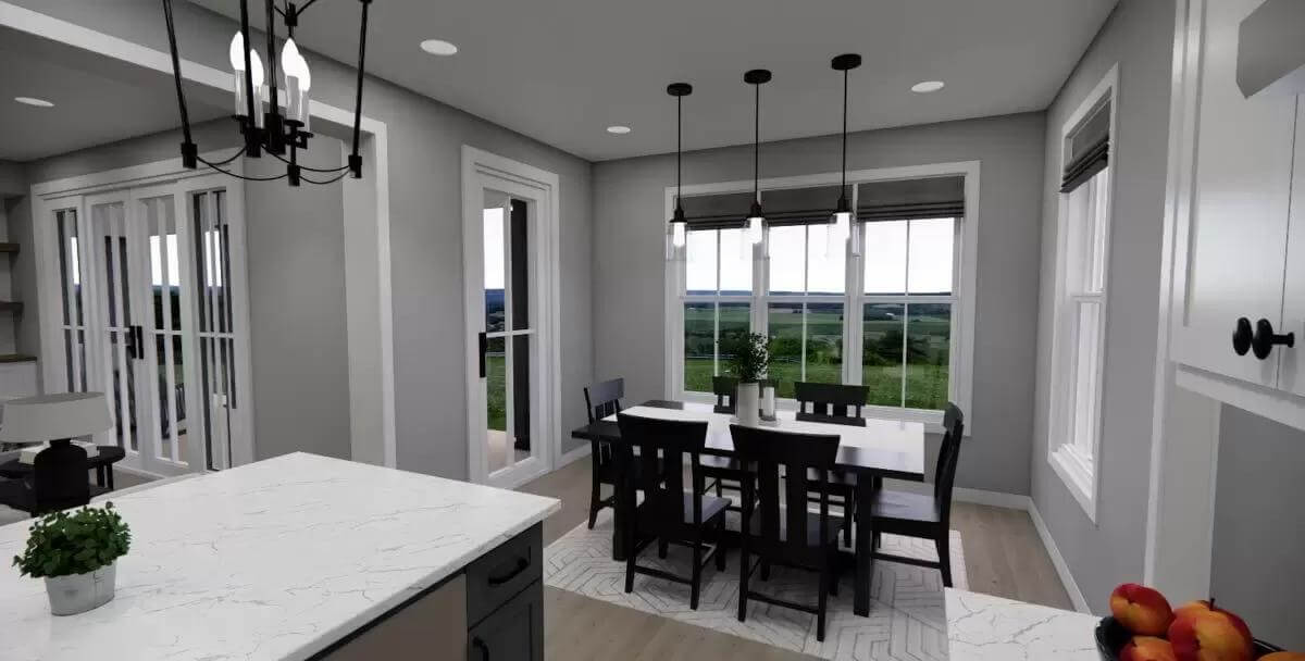Dining room with a dark wood dining set and white framed windows.