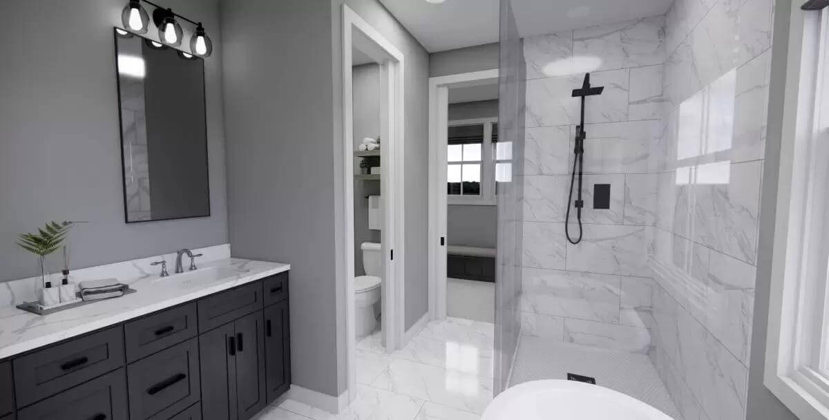 Primary bathroom with a dual sink vanity, a water closet, a tiled shower, and a soaking tub.