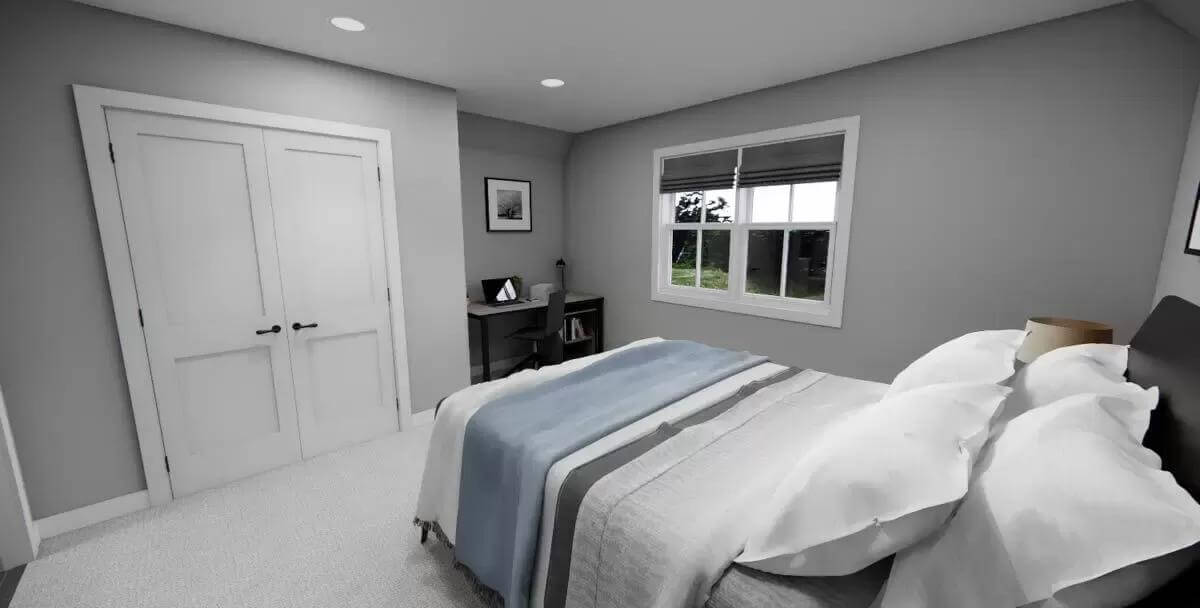 Bedroom with a white-framed window and a built-in closet.