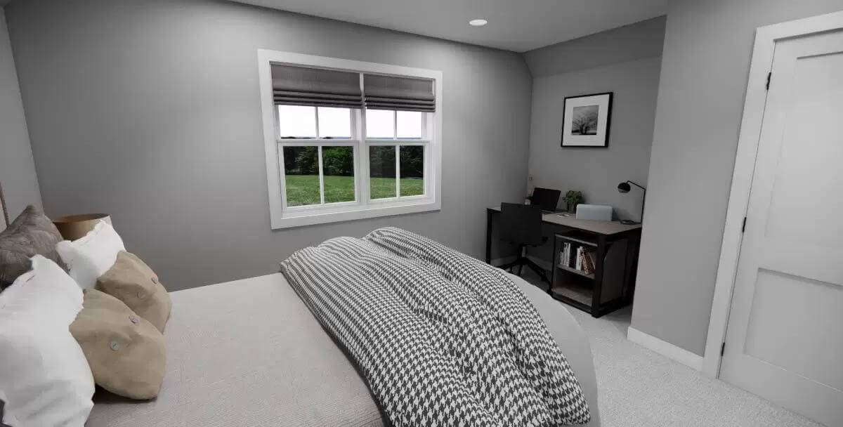 Bedroom with a wooden bed and a dark wood desk over the carpeted floor.