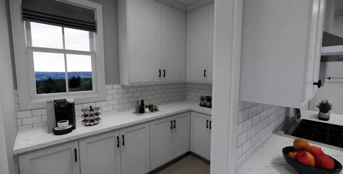 Pantry with white cabinets and marble countertops.