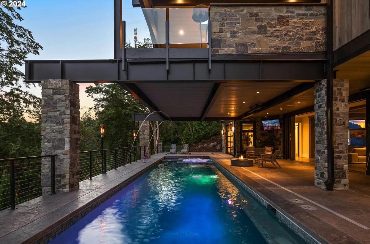 Pool with a fire pit.