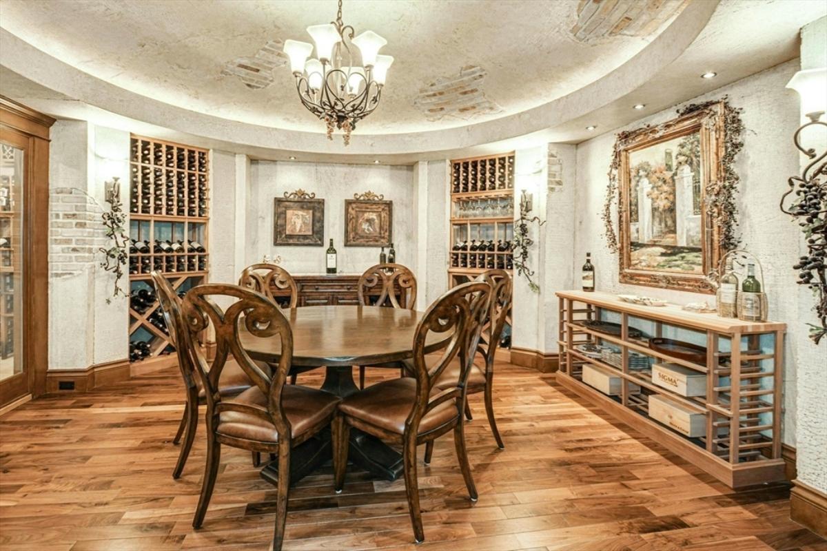 Wine vault with a round wood table.