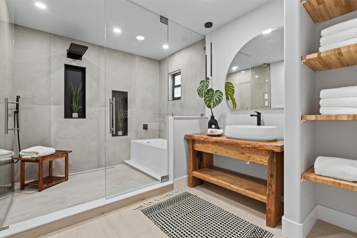 Bathroom with a custom-made vanity and a walk-in shower.