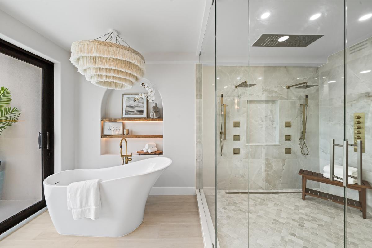 Bathroom with a soaking tub and a walk-in shower.