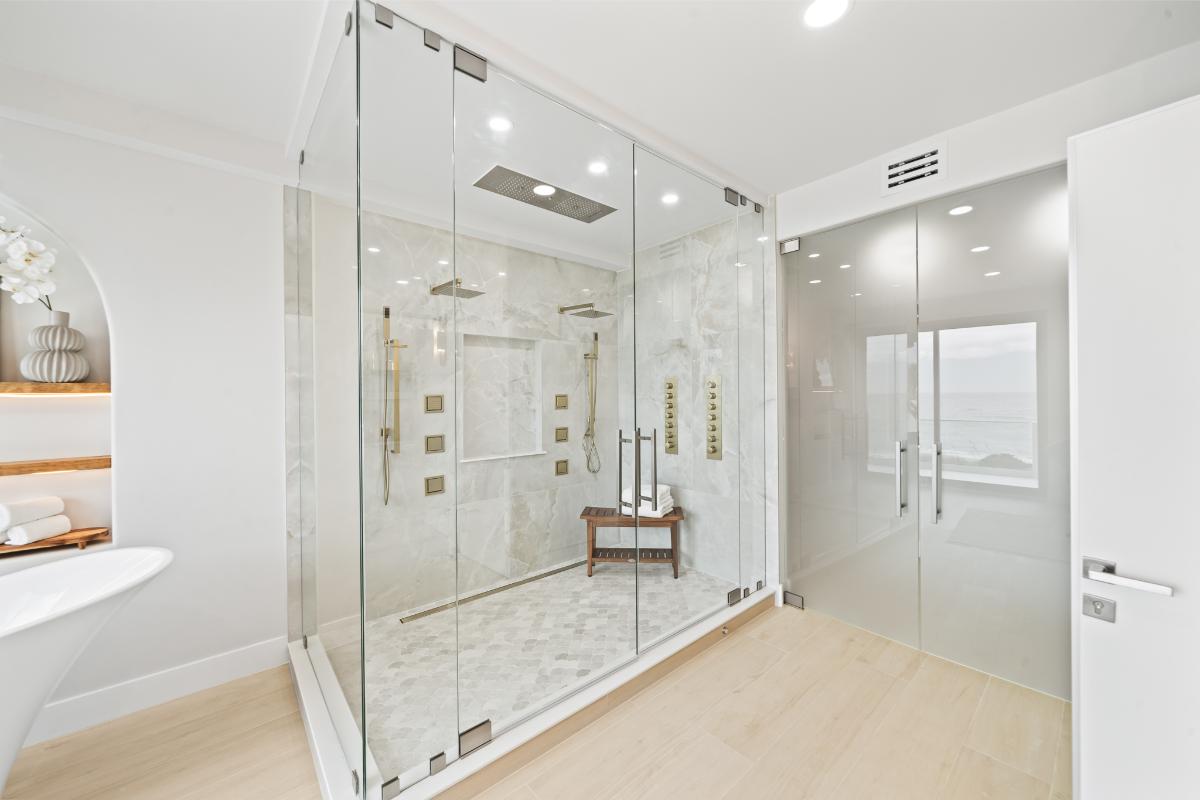 Bathroom with a walk-in shower.