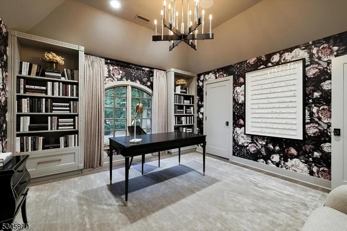 Home office with bookshelves.