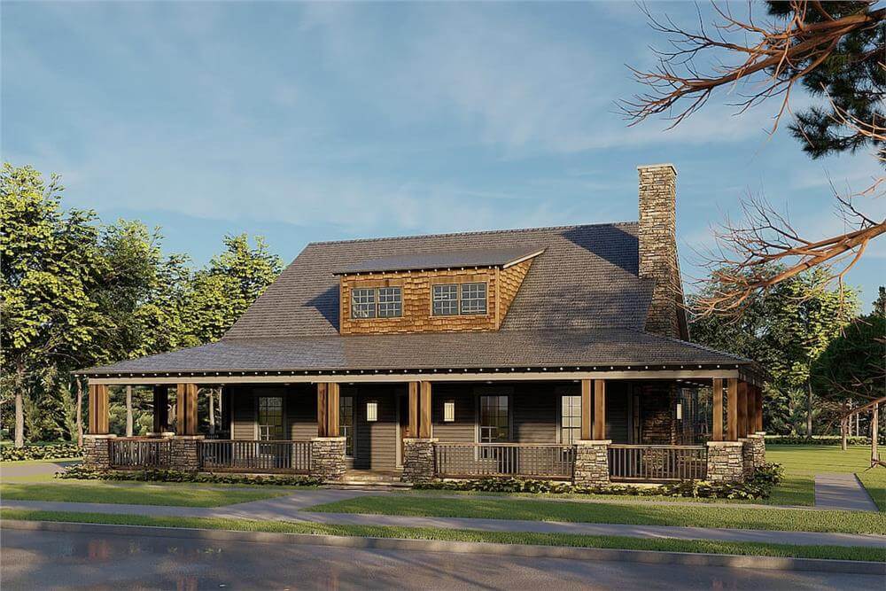 New England Style 2-Bedroom Farmhouse for a Corner Lot with Bonus Room and Wraparound Porch (Floor Plan)