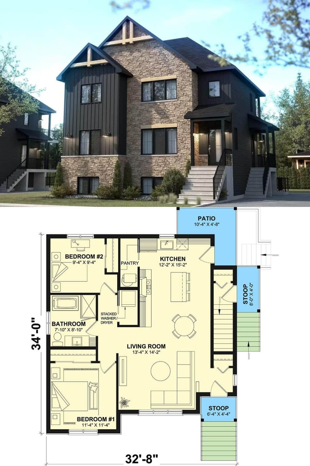 A stately stone exterior, board and batten accents, and gable rooflines highlighted by decorative wood trims embellish this traditional style triplex. Each unit comes with 2 beds, 1 full bath, and full-floor living.