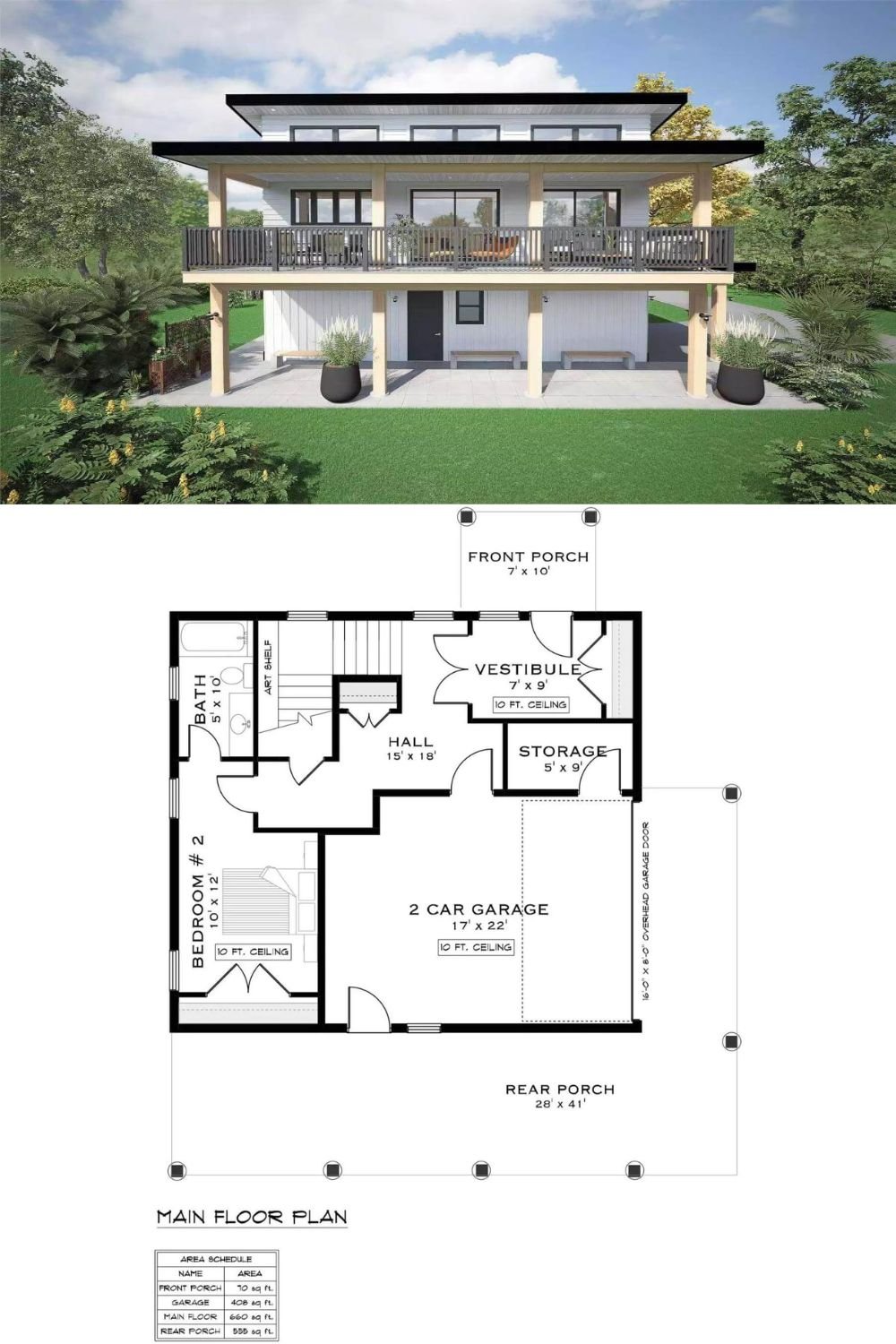 This 2-bedroom contemporary home is adorned by vertical and horizontal siding, sloping rooflines, and a covered entry framed by timber accents. It features an inverted floor plan with large windows and glazed doors to maximize views and natural light.