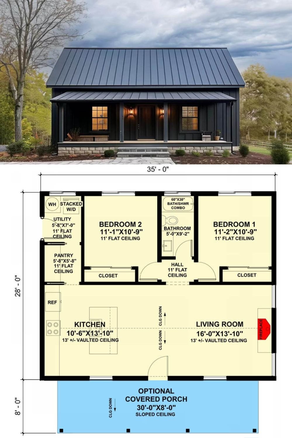 This 2-bedroom ADU radiates a farmhouse appeal with dark board and batten siding, standing seam metal roofs, and a welcoming front porch framed by timber posts.