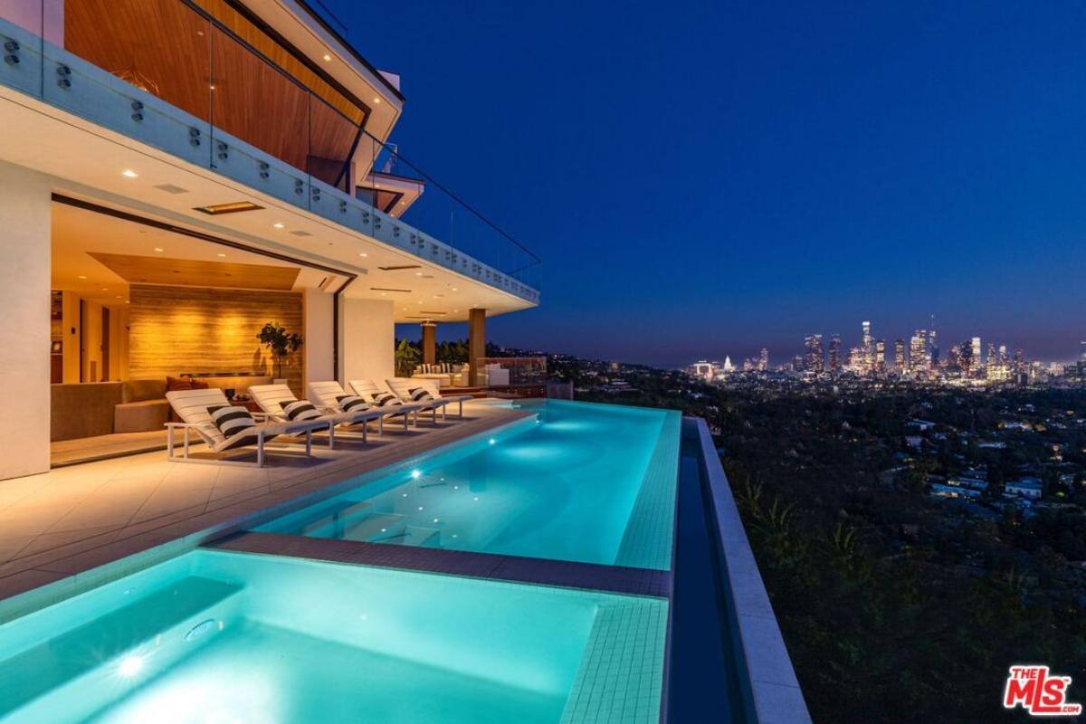 Infinity pool with city views.