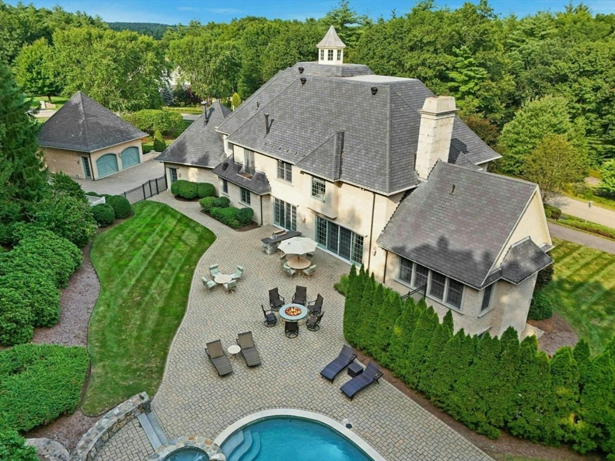 Aerial rear view of the mansion.