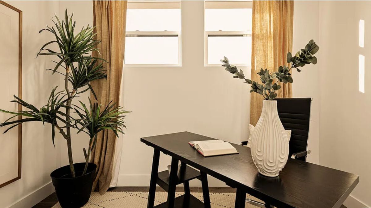 A home office with a window, a houseplant, a desk with a vase, and an office chair.