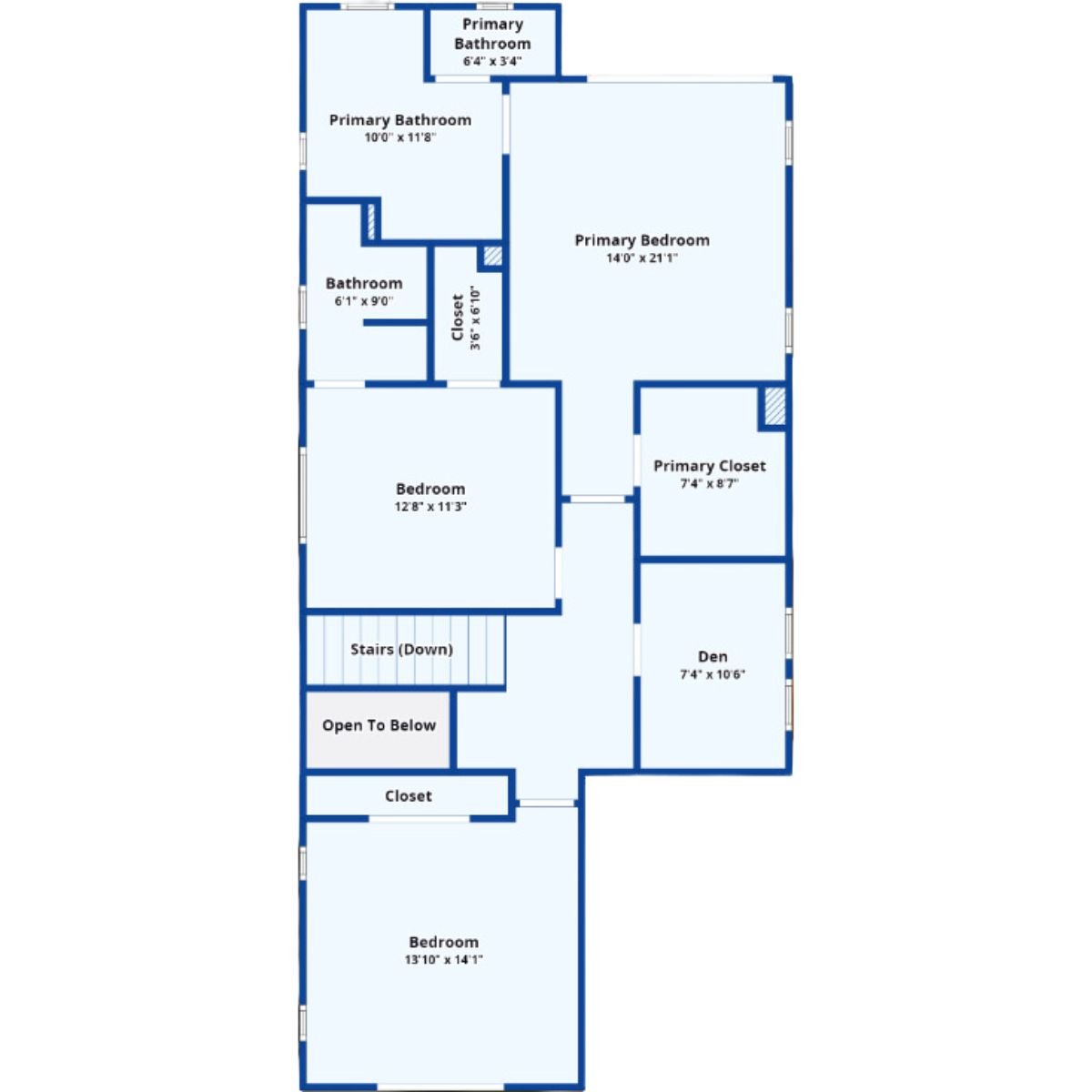 A second-floor plan with bedrooms, bathrooms, closets, and a den.