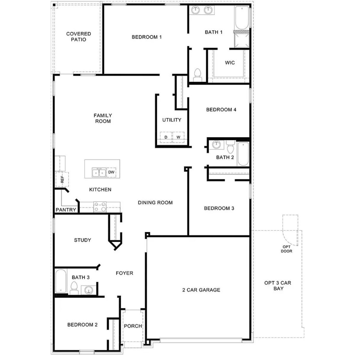 A floor plan with a covered patio, bedrooms, bathrooms, family room, kitchen, dining room, foyer, porch, and garage.