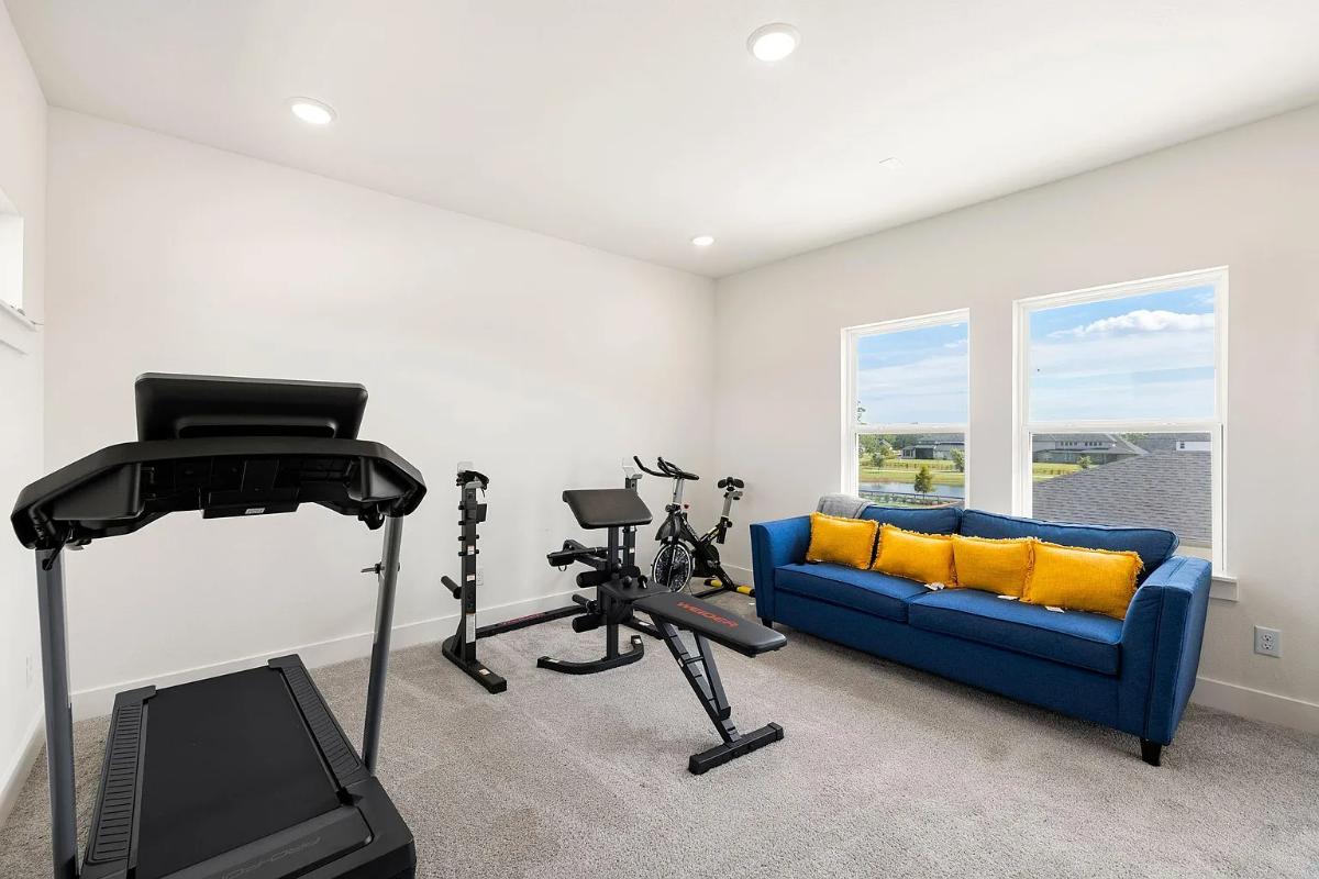 Home gym with carpet flooring.