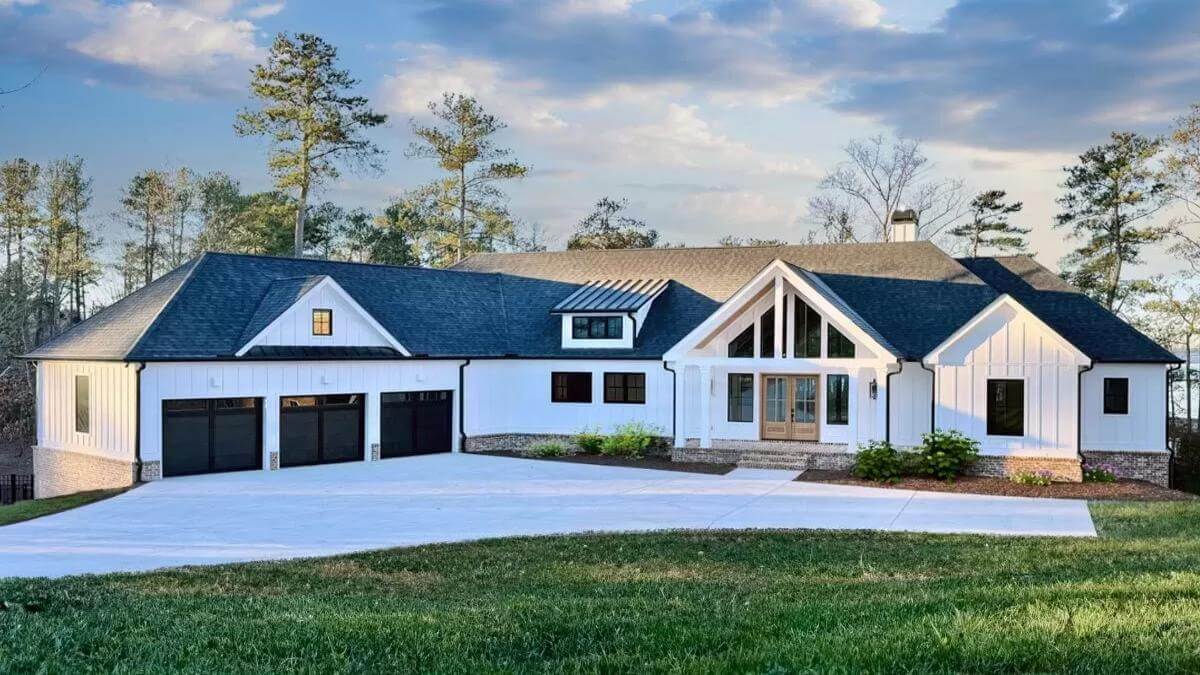 New American Style 5-Bedroom Lake House with Angled Garage and Lower Level Expansion (Floor Plan)