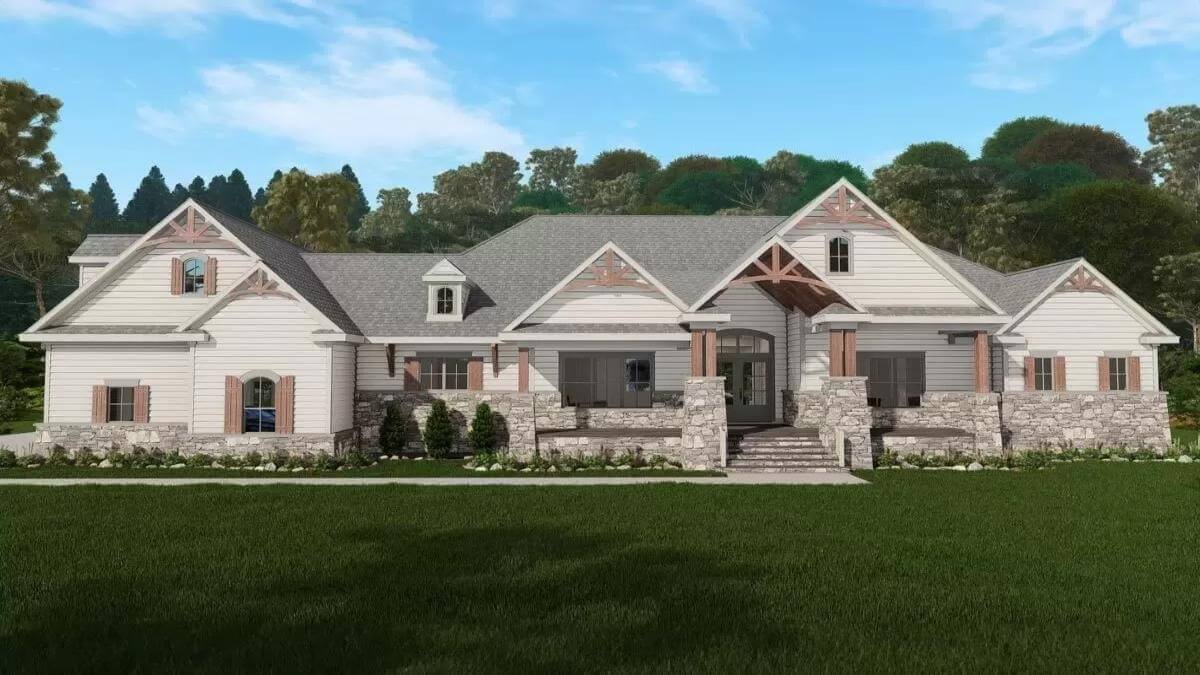 Craftsman Style 4-Bedroom Home with Wet Bar and Bonus Room Above the 3-Car Garage (Floor Plan)