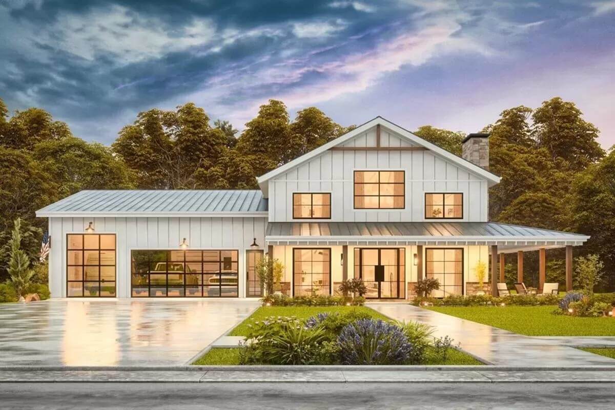 Modern Farmhouse Style 3-Bedroom Barndominium with Loft, Bonus Room, and Wraparound Porch (Floor Plan)