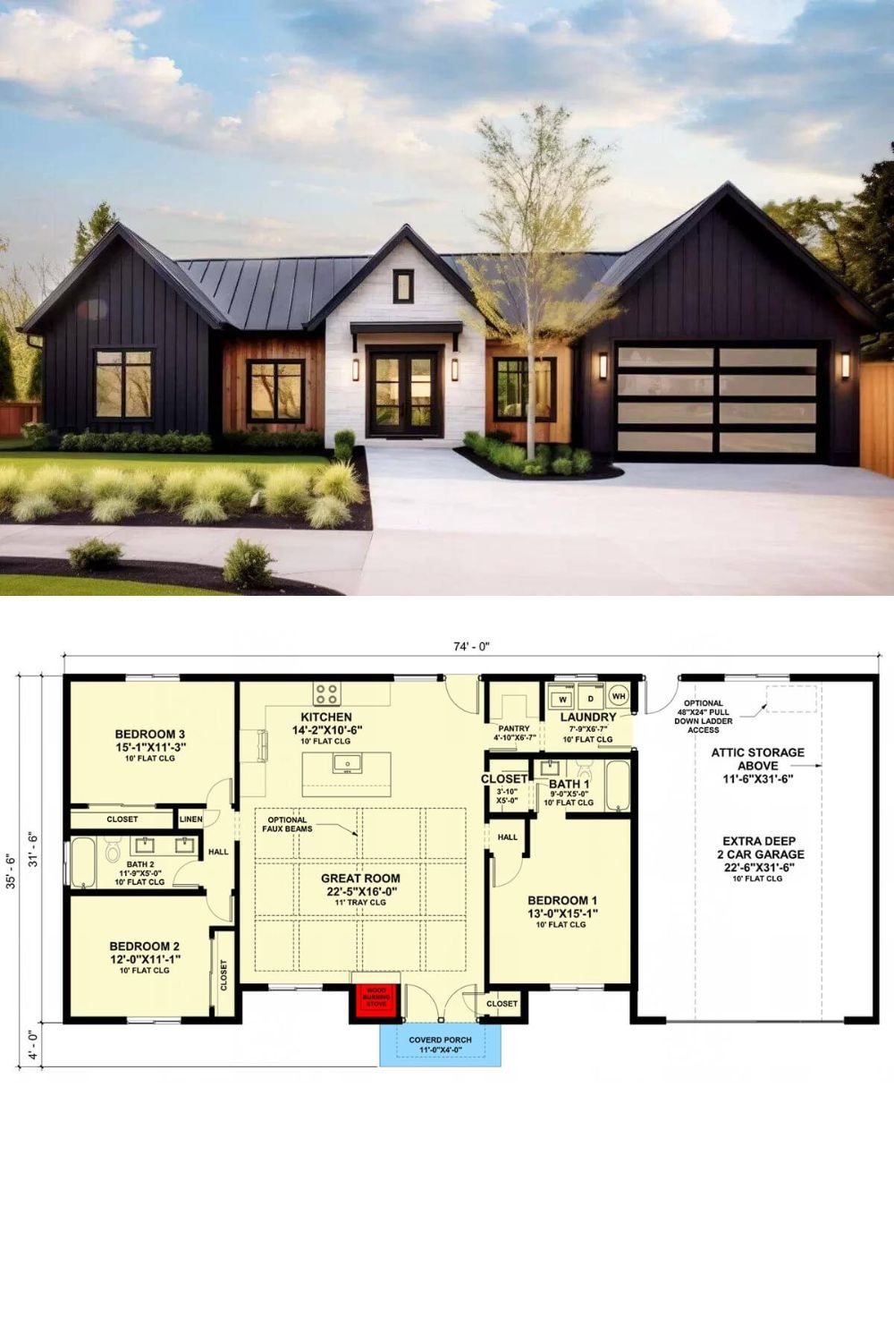 Mixed sidings, multiple gables, and standing seam metal roofs embellish this 3-bedroom contemporary cottage. It features a sleek entry and an extra deep 2-car garage that accesses the home through the laundry room.