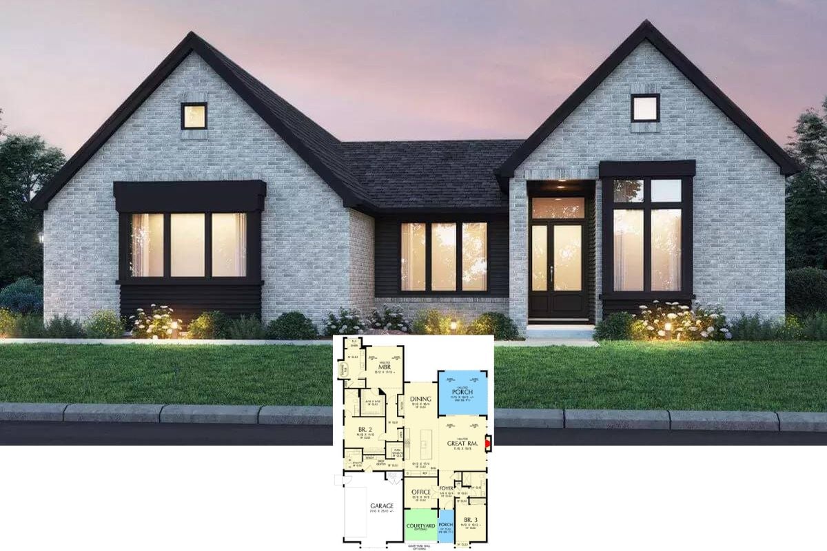 Contemporary Style 3-Bedroom Home for a Corner Lot with Courtyard (Floor Plan)