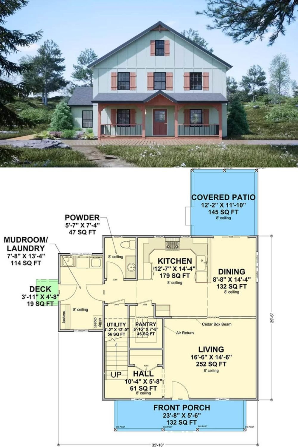 This 3-bedroom country cabin showcases a cozy and inviting facade with board and batten siding, shuttered windows, and a covered front porch framed by timber posts and railings.