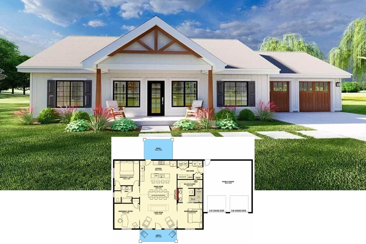 Craftsman Style 3-Bedroom Home with Open Living Space and 2-Car Garage (Floor Plan)