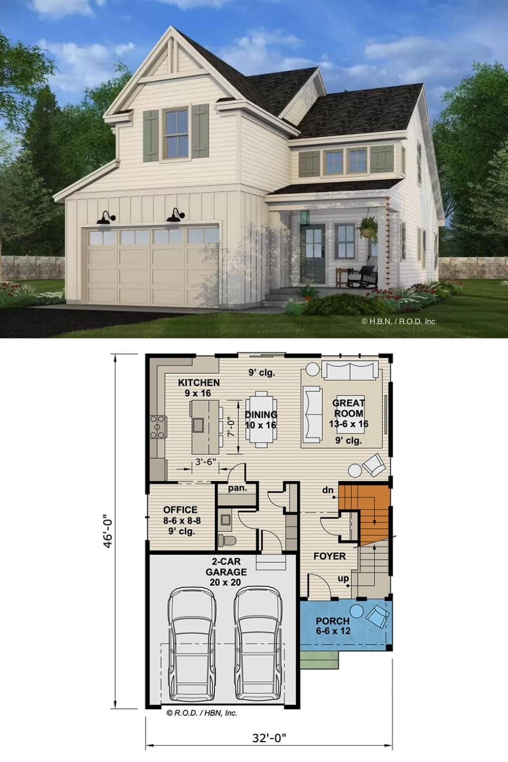 This 3-bedroom farmhouse showcases a fresh facade with white clapboard siding, board and batten accents, and a covered entry porch that creates a warm welcome. It includes a 2-car garage that accesses the home through the practical mudroom.