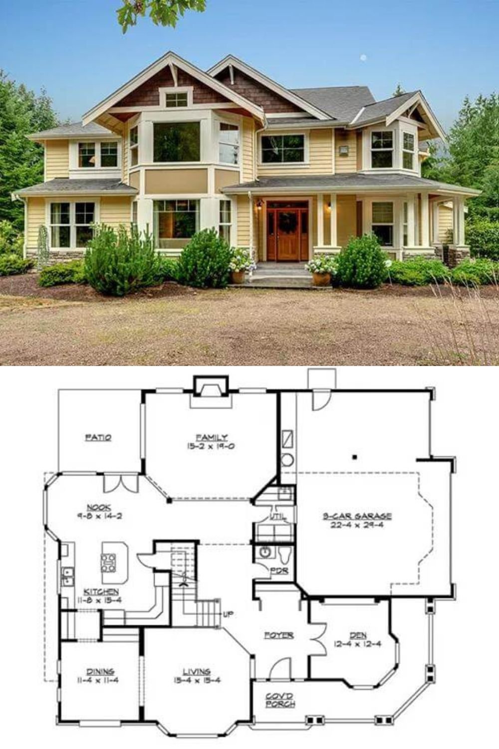 Clapboard siding, stone trims, and cedar shake siding give this 3-bedroom home an exquisite curb appeal. It includes an expansive front porch and a 3-car garage that enters the home through the utility room.