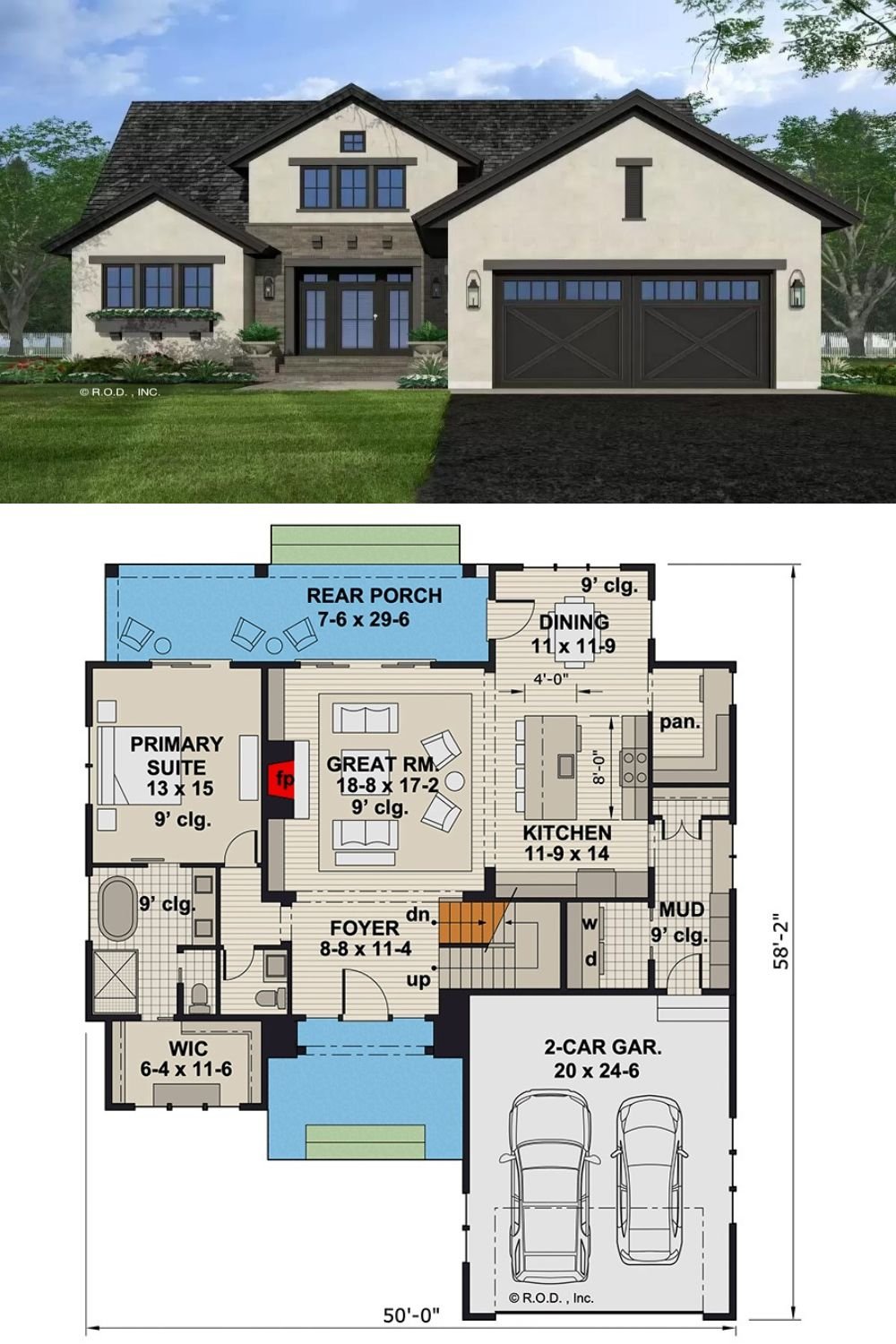 Gable rooflines, decorative brackets, and a stone and stucco exterior give this 3-bedroom Hill country home an exquisite curb appeal. It includes a sleek entry and a double garage that connects to the home through the mudroom.
