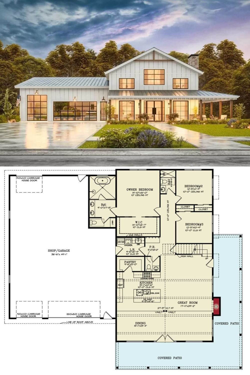 This 4-bedroom barndominium exudes a modern farmhouse appeal with board and batten siding, standing seam metal roofs, and an L-shaped porch highlighted by exposed rafters and timber posts. It features an oversized garage with workshop space and direct laundry access.