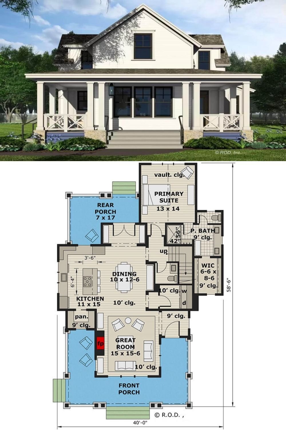 This 3-bedroom modern farmhouse is adorned by a horizontal lap siding, a large center gable, and a wraparound porch framed by stone base pillars and railings.